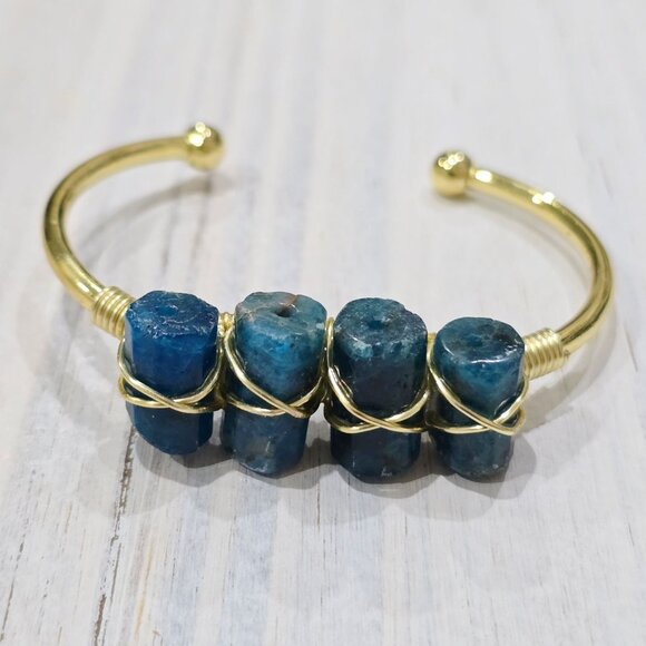 Blue Apatite Triple-Stone Wire Wrap Cuff w/ 14Kt Gold Over Copper – NWT Handmade - Picture 7 of 9